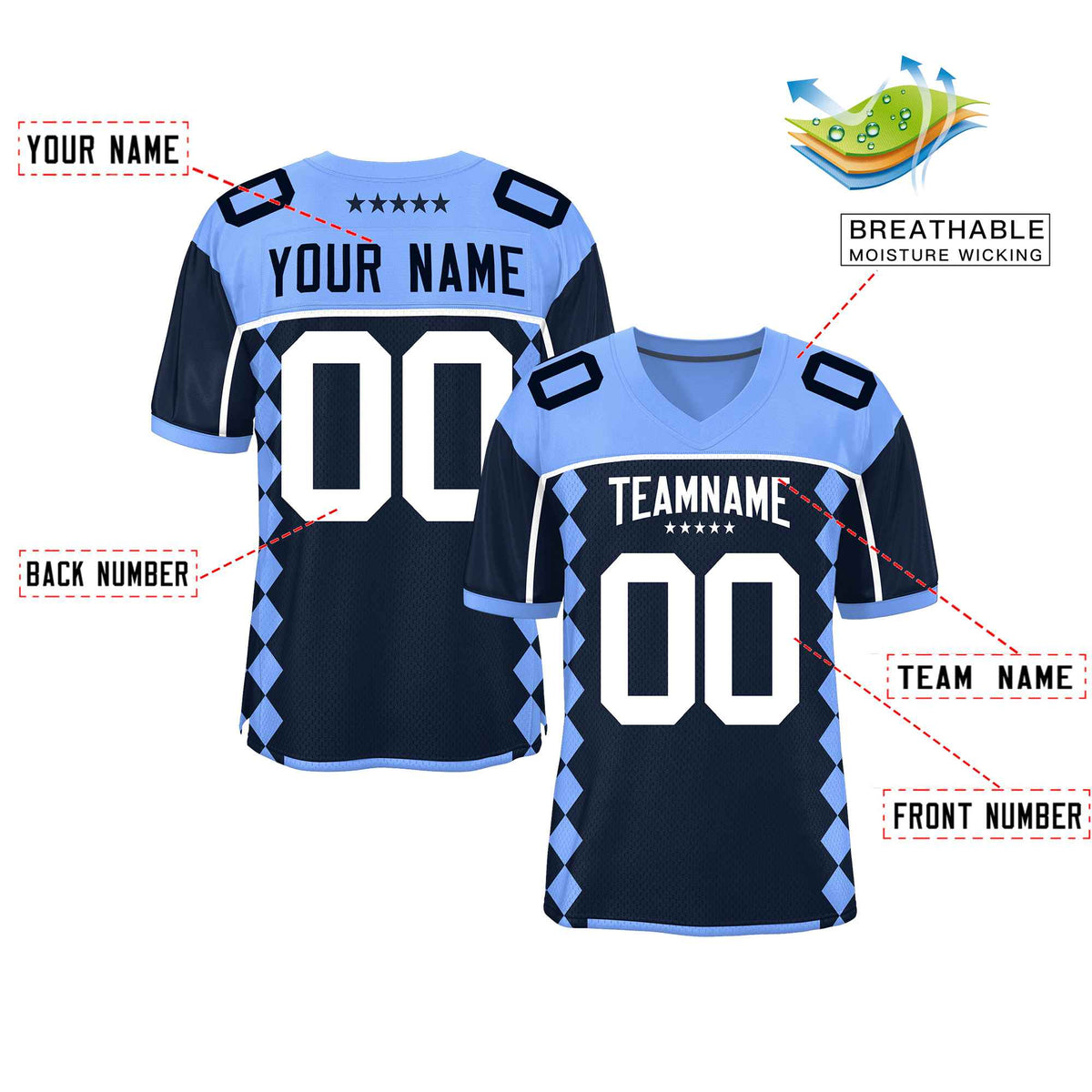 Custom Light Blue Navy Raglan Sleeves Side Blocks Pattern Authentic American Football Jersey