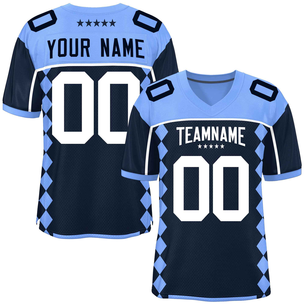 Custom Light Blue Navy Raglan Sleeves Side Blocks Pattern Authentic American Football Jersey