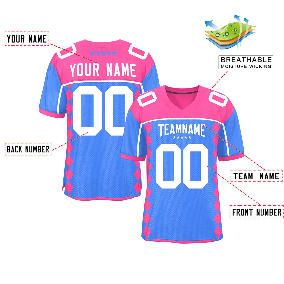 Custom Pink Powder Blue Raglan Sleeves Side Blocks Pattern Authentic American Football Jersey