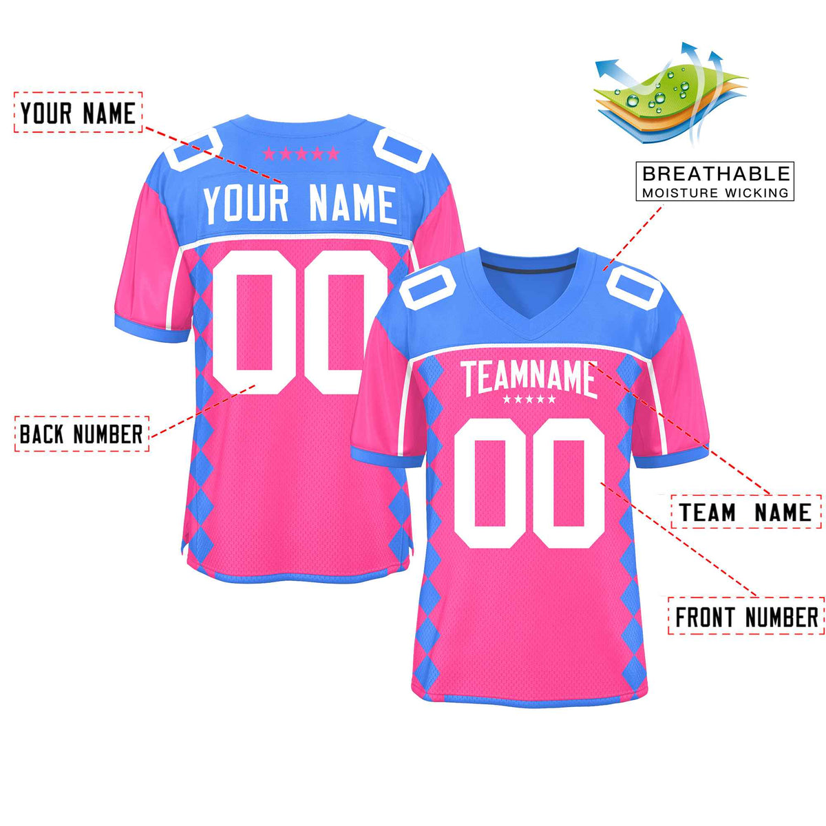 Custom Powder Blue Pink Raglan Sleeves Side Blocks Pattern Authentic American Football Jersey