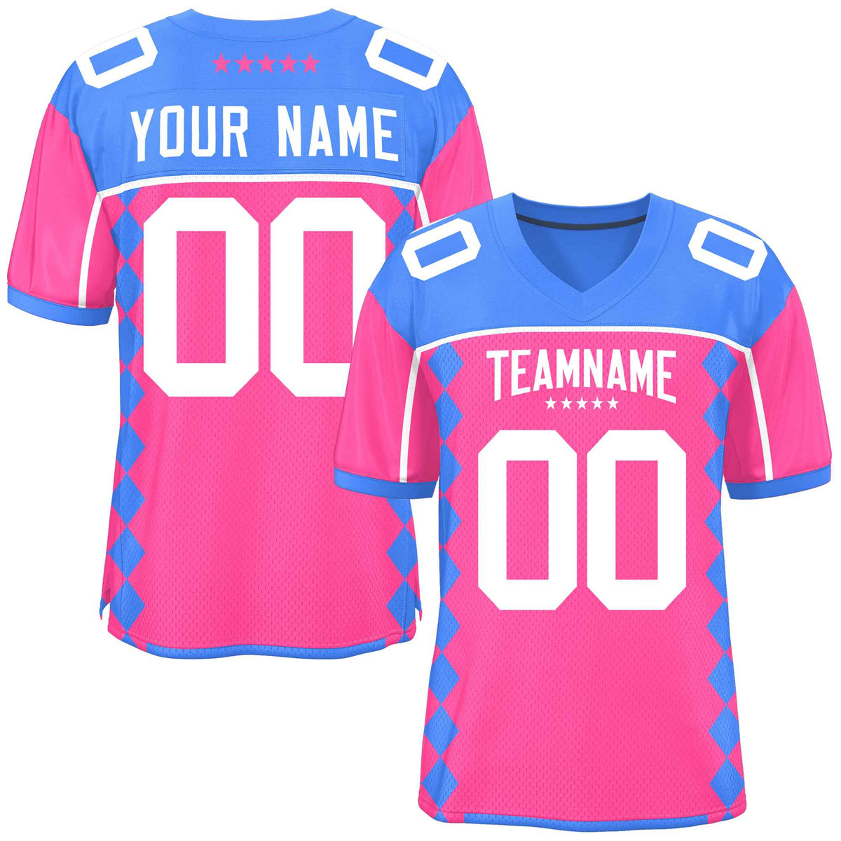 Custom Powder Blue Pink Raglan Sleeves Side Blocks Pattern Authentic American Football Jersey