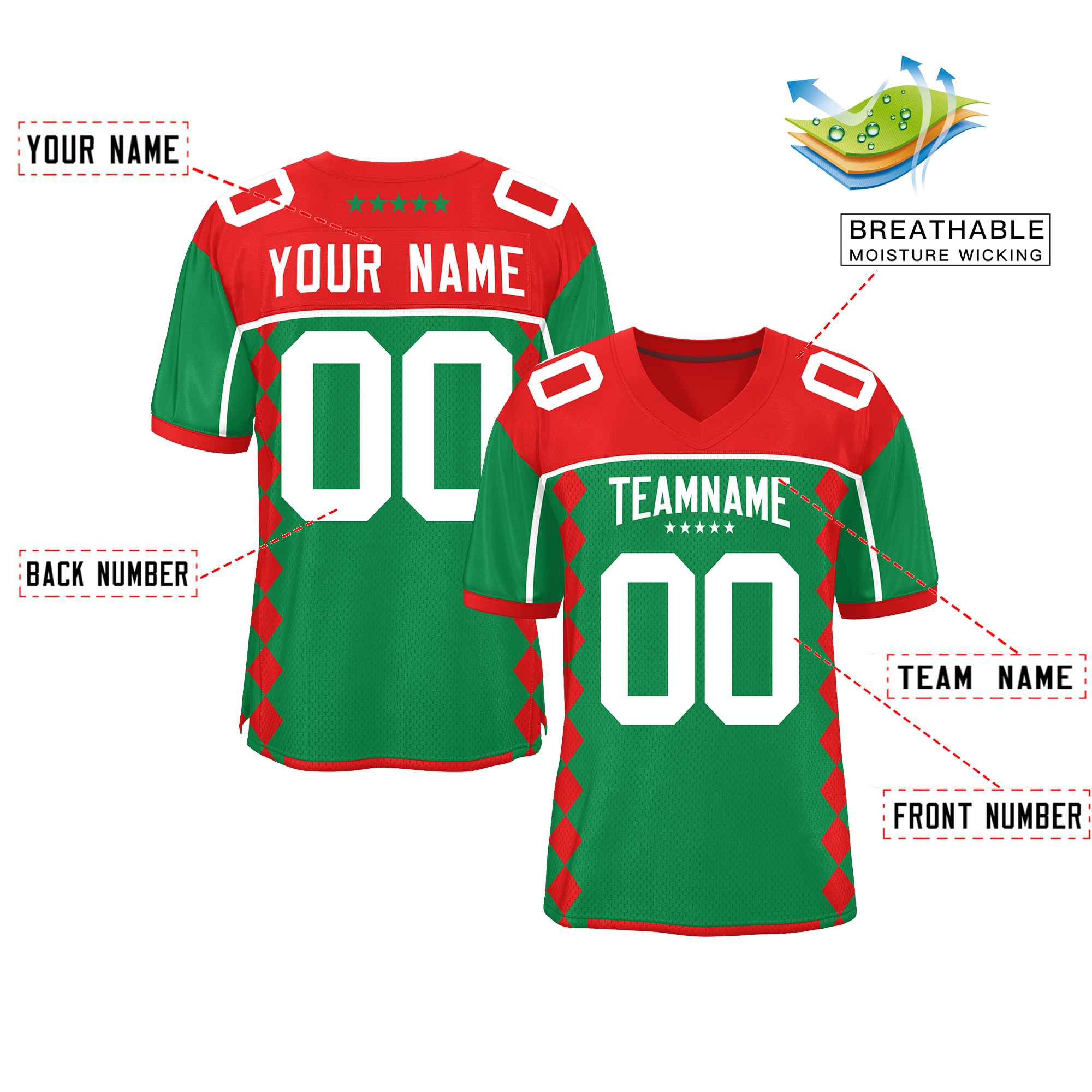 Custom Red Kelly Green Raglan Sleeves Side Blocks Pattern Authentic American Football Jersey