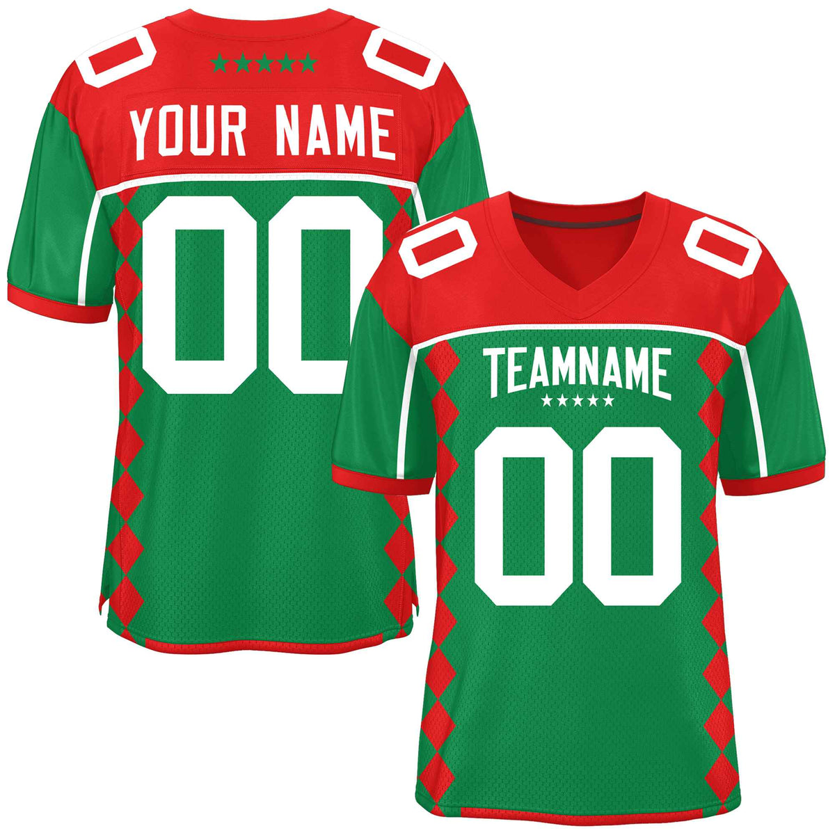 Custom Red Kelly Green Raglan Sleeves Side Blocks Pattern Authentic American Football Jersey
