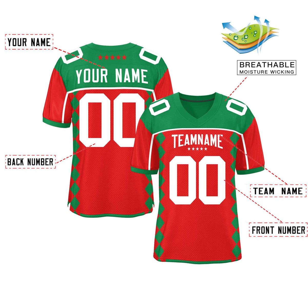Custom Kelly Green Red Raglan Sleeves Side Blocks Pattern Authentic American Football Jersey