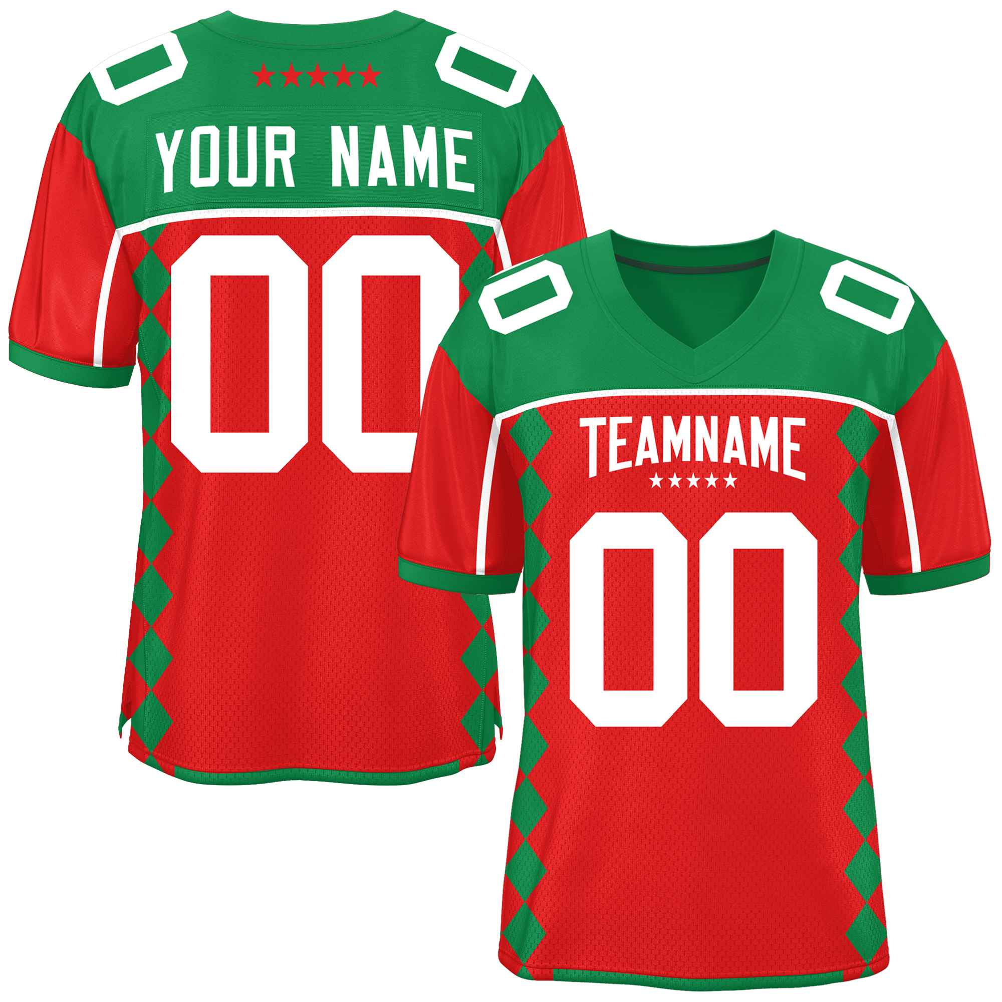 Custom Kelly Green Red Raglan Sleeves Side Blocks Pattern Authentic American Football Jersey