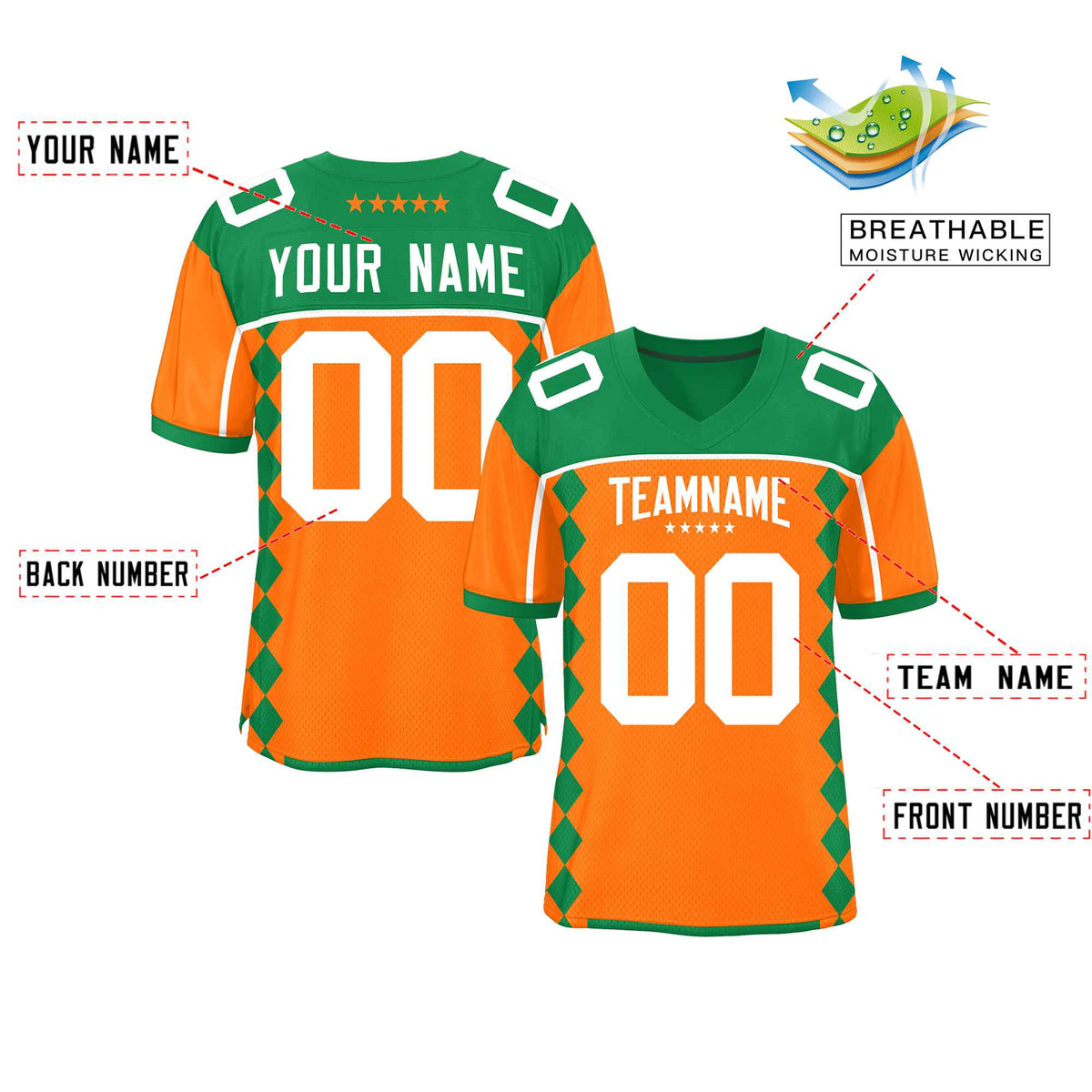 Custom Kelly Green Orange Raglan Sleeves Side Blocks Pattern Authentic American Football Jersey