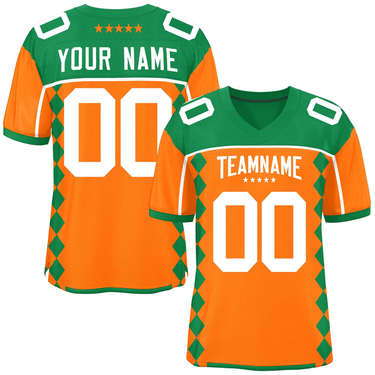 Custom Kelly Green Orange Raglan Sleeves Side Blocks Pattern Authentic American Football Jersey