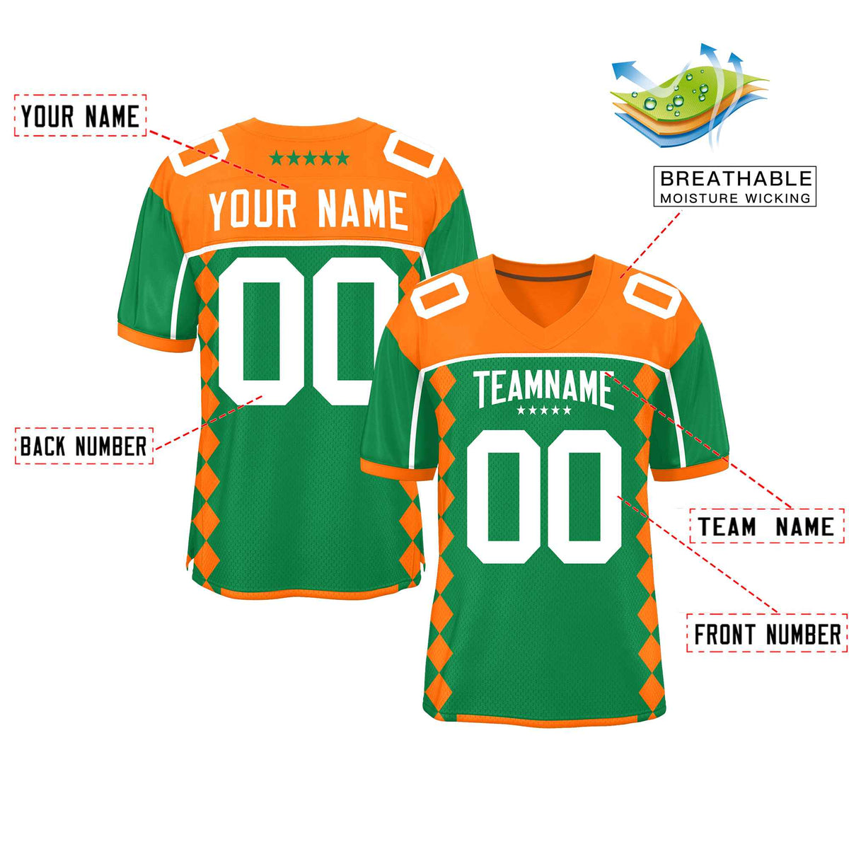 Custom Orange Kelly Green Raglan Sleeves Side Blocks Pattern Authentic American Football Jersey