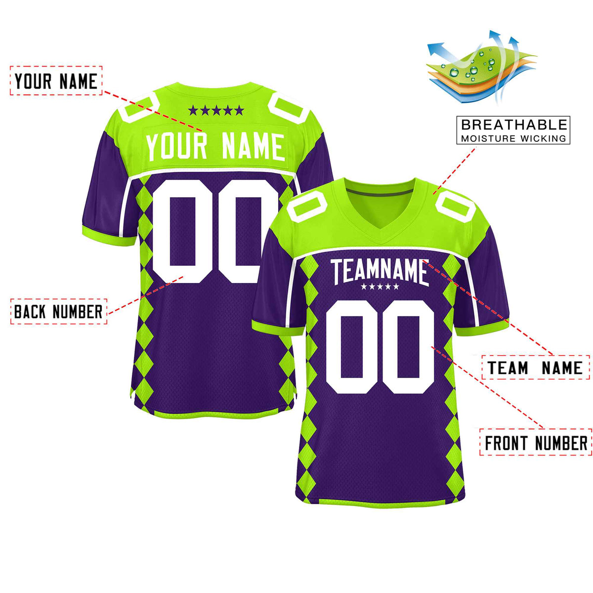 Custom Neon Green Purple Raglan Sleeves Side Blocks Pattern Authentic American Football Jersey