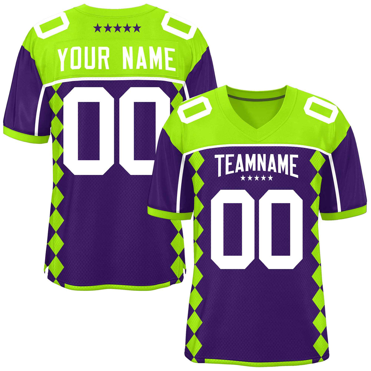 Custom Neon Green Purple Raglan Sleeves Side Blocks Pattern Authentic American Football Jersey