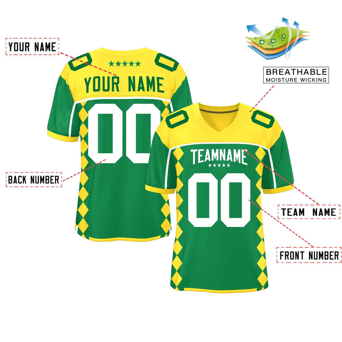 Custom Gold Kelly Green Raglan Sleeves Side Blocks Pattern Authentic American Football Jersey