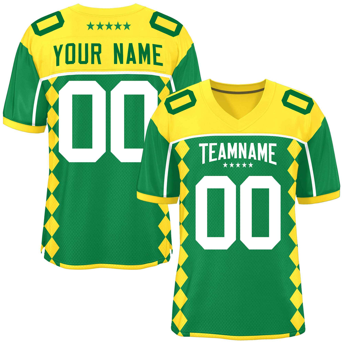 Custom Gold Kelly Green Raglan Sleeves Side Blocks Pattern Authentic American Football Jersey