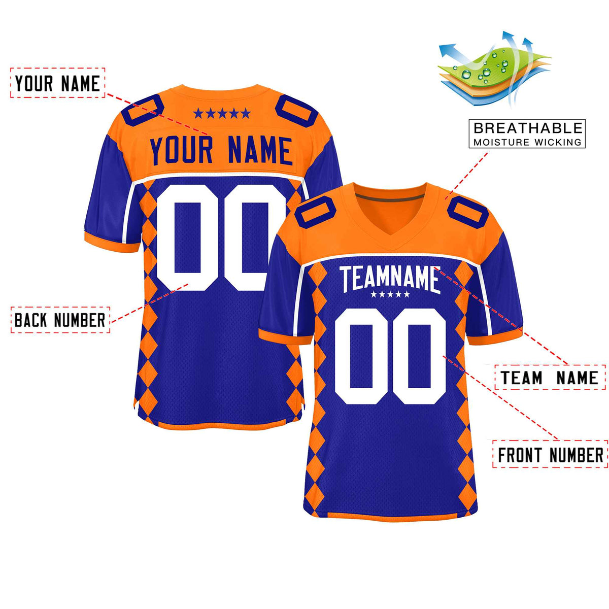 Custom Orange Royal Raglan Sleeves Side Blocks Pattern Authentic American Football Jersey