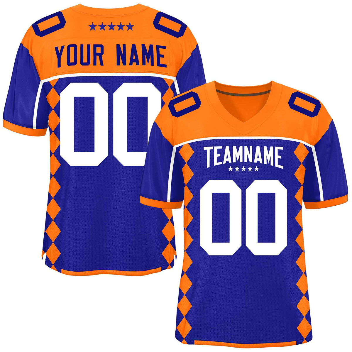 Custom Orange Royal Raglan Sleeves Side Blocks Pattern Authentic American Football Jersey