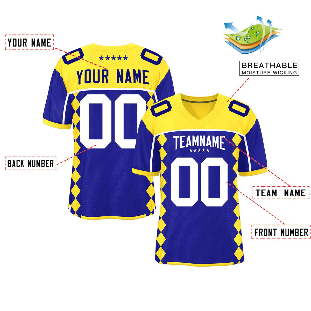 Custom Gold Royal Raglan Sleeves Side Blocks Pattern Authentic American Football Jersey
