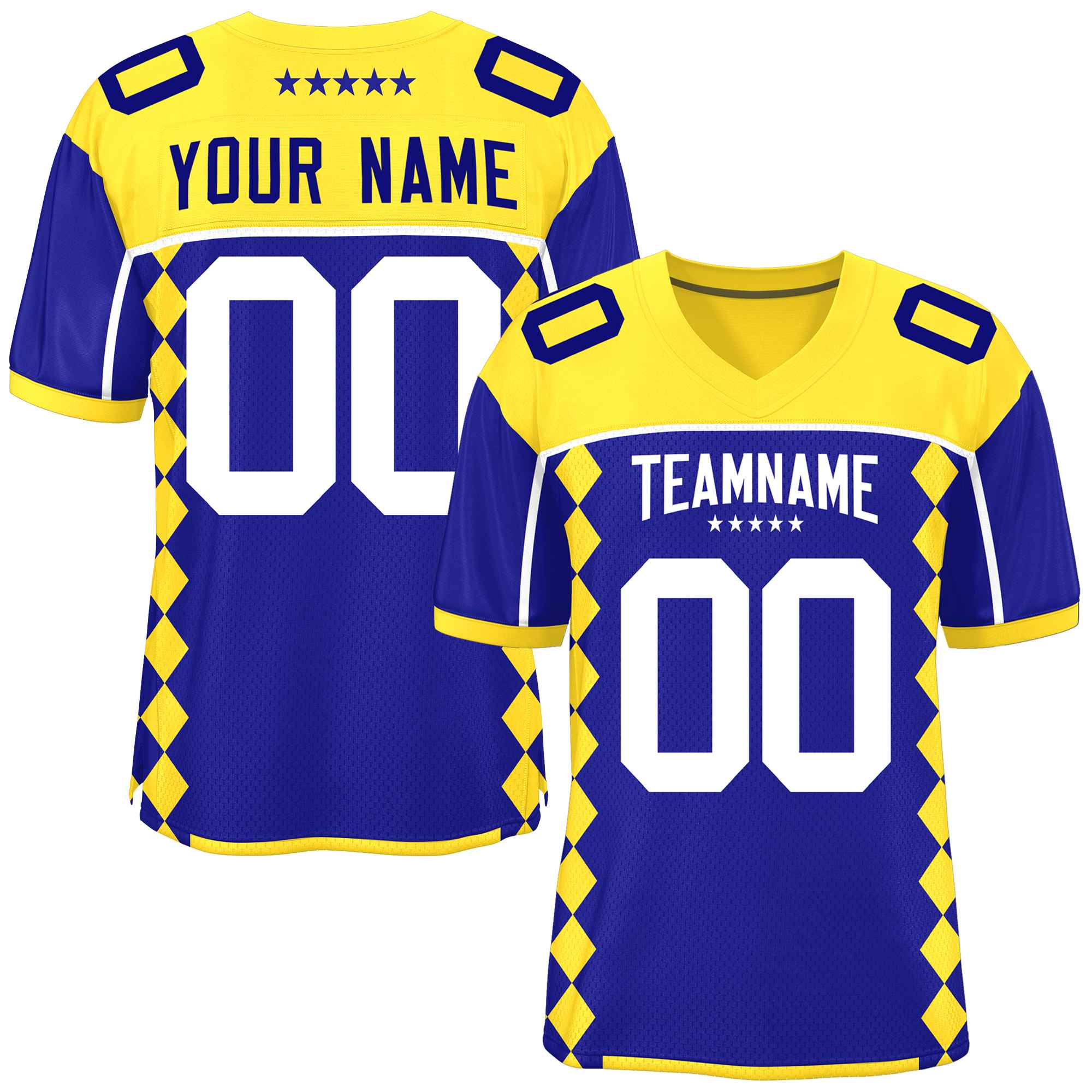 Custom Gold Royal Raglan Sleeves Side Blocks Pattern Authentic American Football Jersey