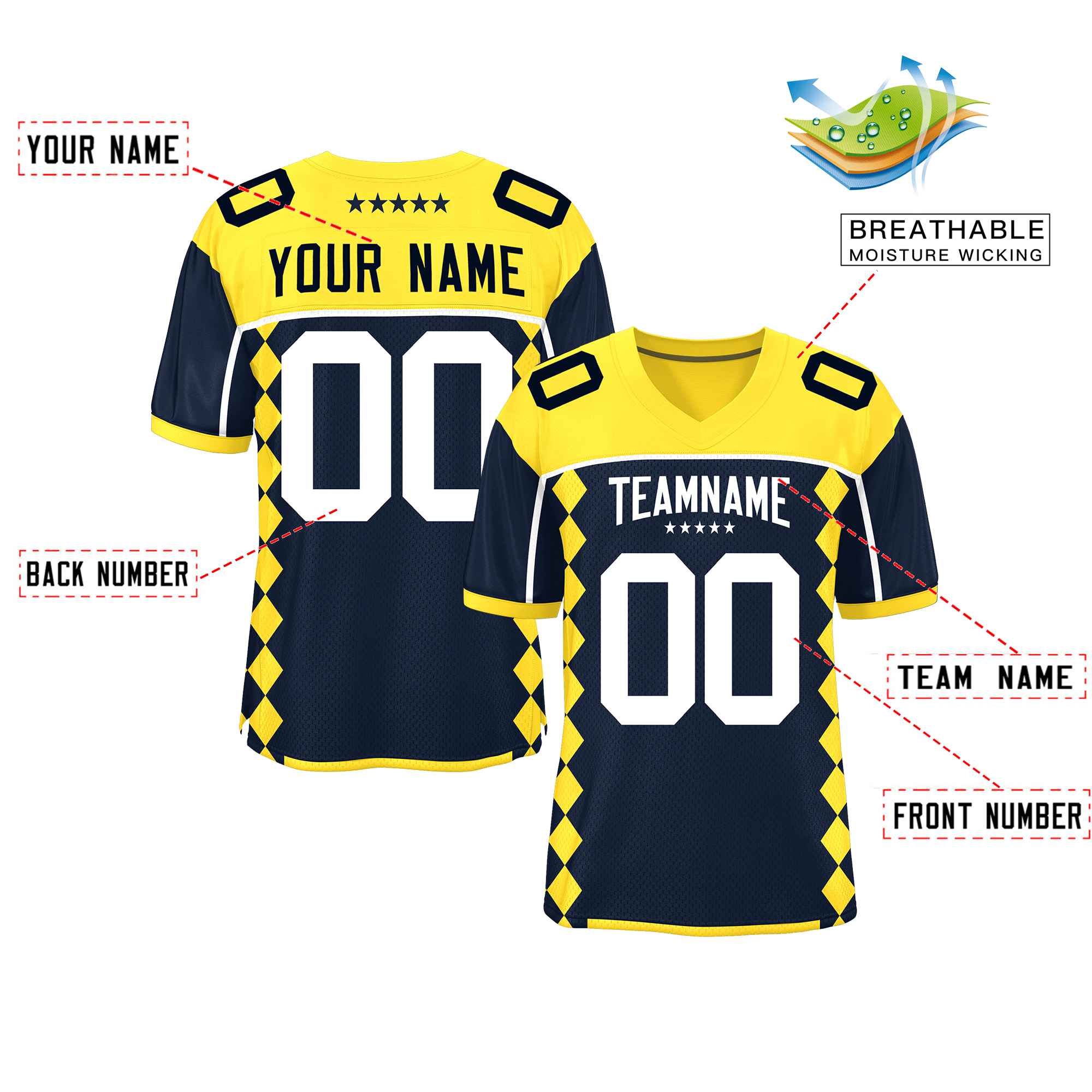 Custom Gold Navy Raglan Sleeves Side Blocks Pattern Authentic American Football Jersey