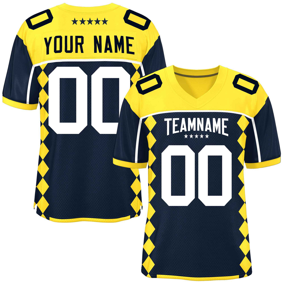 Custom Gold Navy Raglan Sleeves Side Blocks Pattern Authentic American Football Jersey