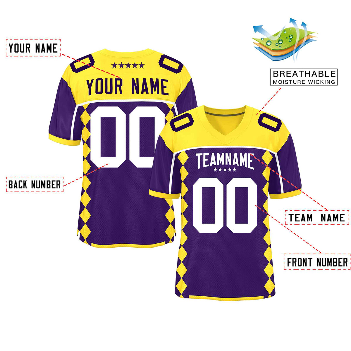 Custom Gold Purple Raglan Sleeves Side Blocks Pattern Authentic American Football Jersey