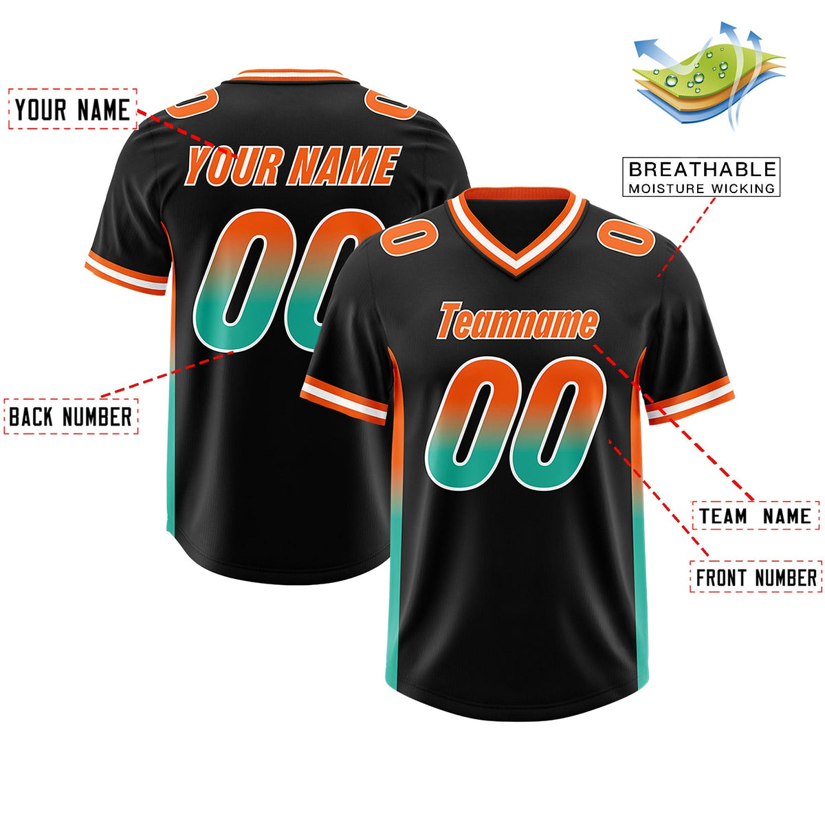 Custom Black Orange and Bright Green Sides Gradient Fashion Personalized Team American Football Jersey