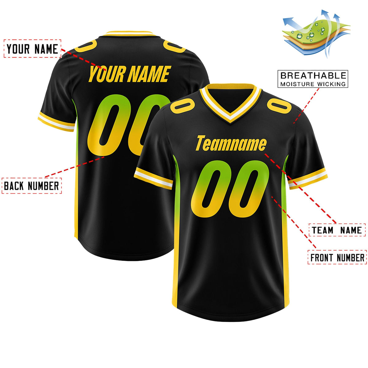 Custom Black Neon Green and Gold Sides Gradient Fashion Personalized Team American Football Jersey