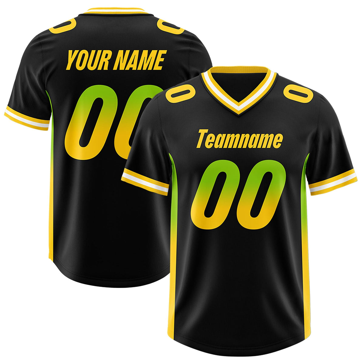 Custom Black Neon Green and Gold Sides Gradient Fashion Personalized Team American Football Jersey