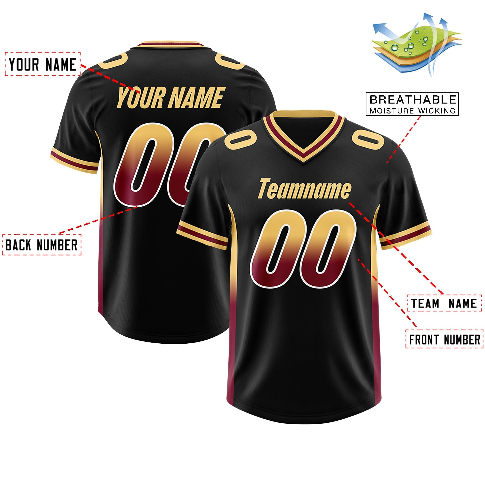 Custom Black Khaki and Cardinal Sides Gradient Fashion Personalized Team American Football Jersey