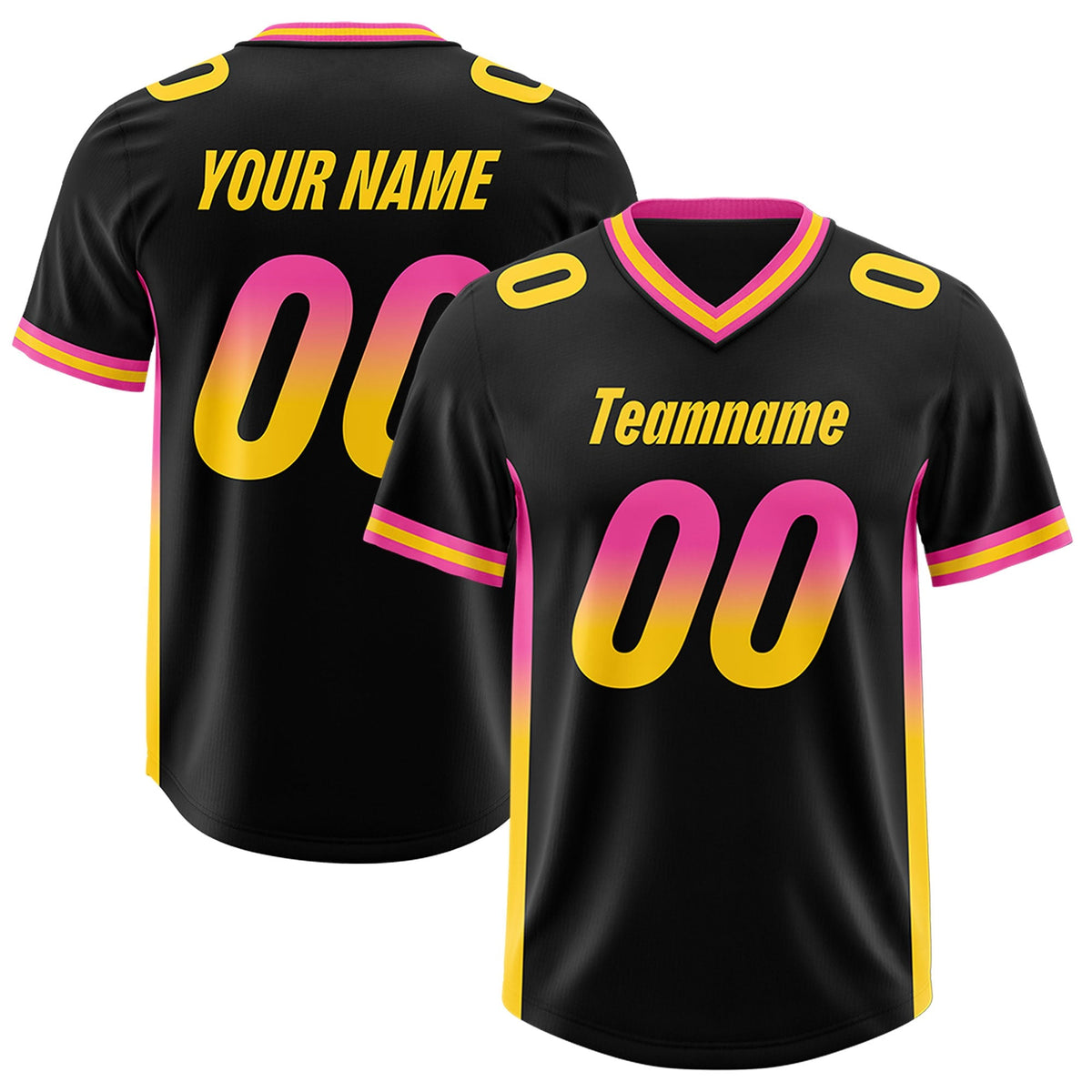 Custom Black Pink and Gold Sides Gradient Fashion Personalized Team American Football Jersey