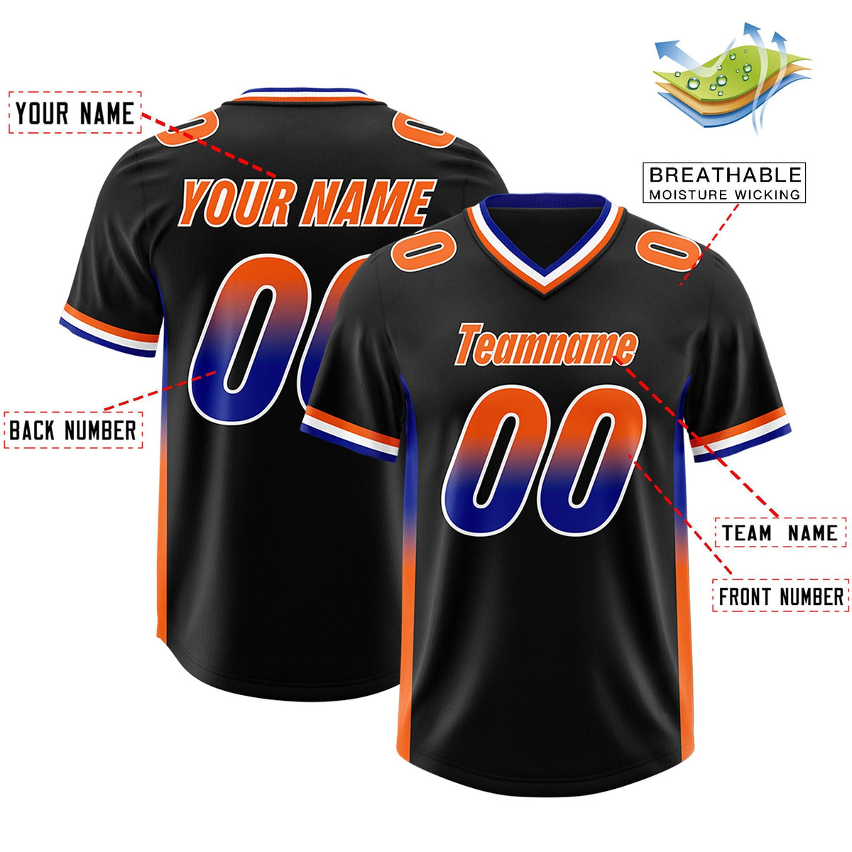 Custom Black Royal and Orange Sides Gradient Fashion Personalized Team American Football Jersey