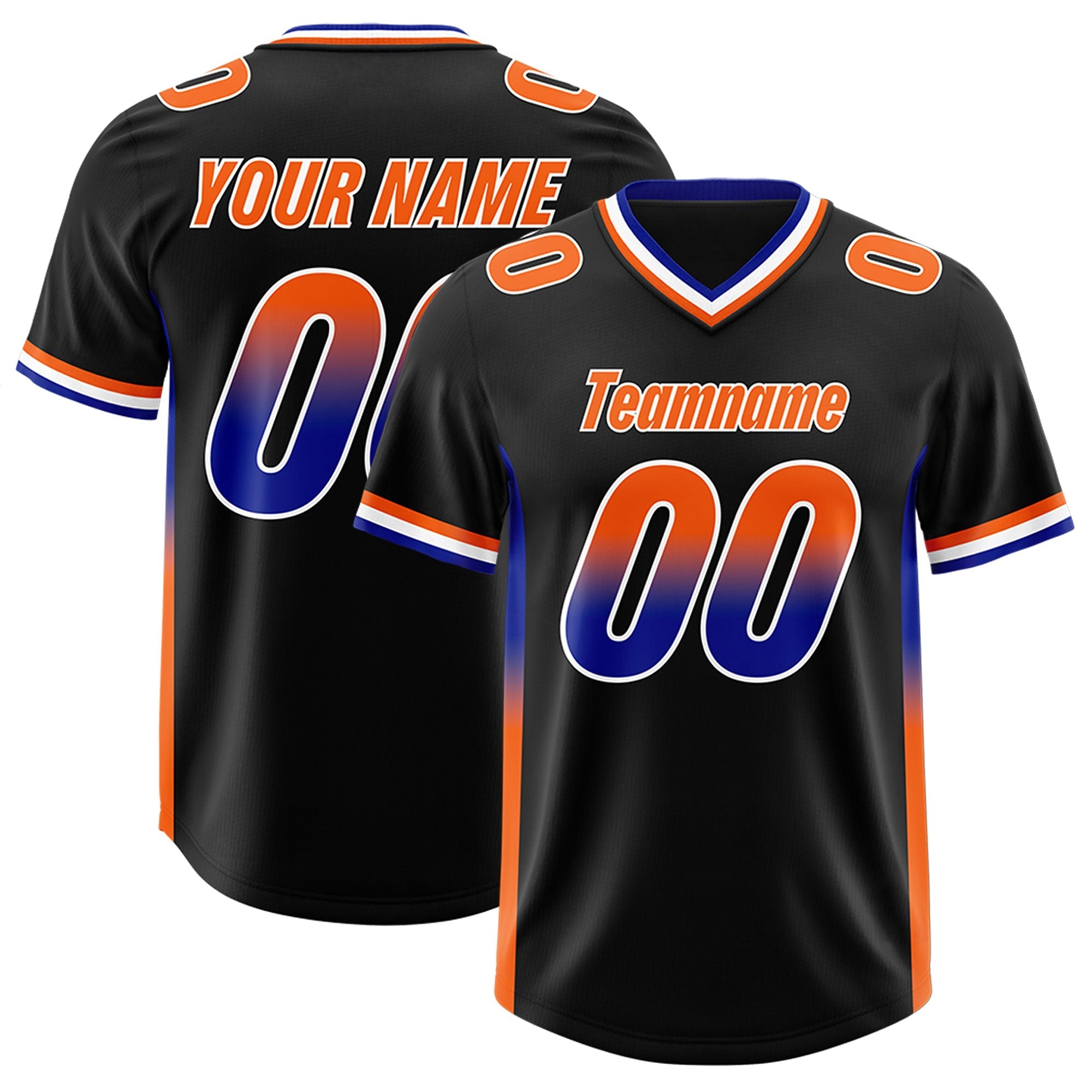 Custom Black Royal and Orange Sides Gradient Fashion Personalized Team American Football Jersey