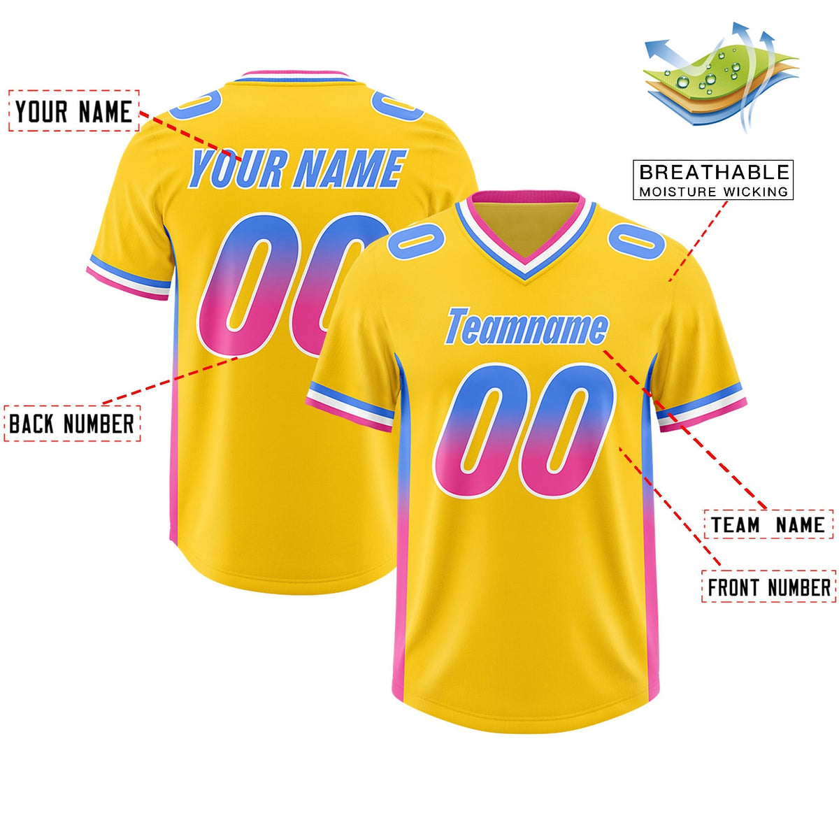 Custom Gold Powder Blue and Pink Sides Gradient Fashion Personalized Team American Football Jersey