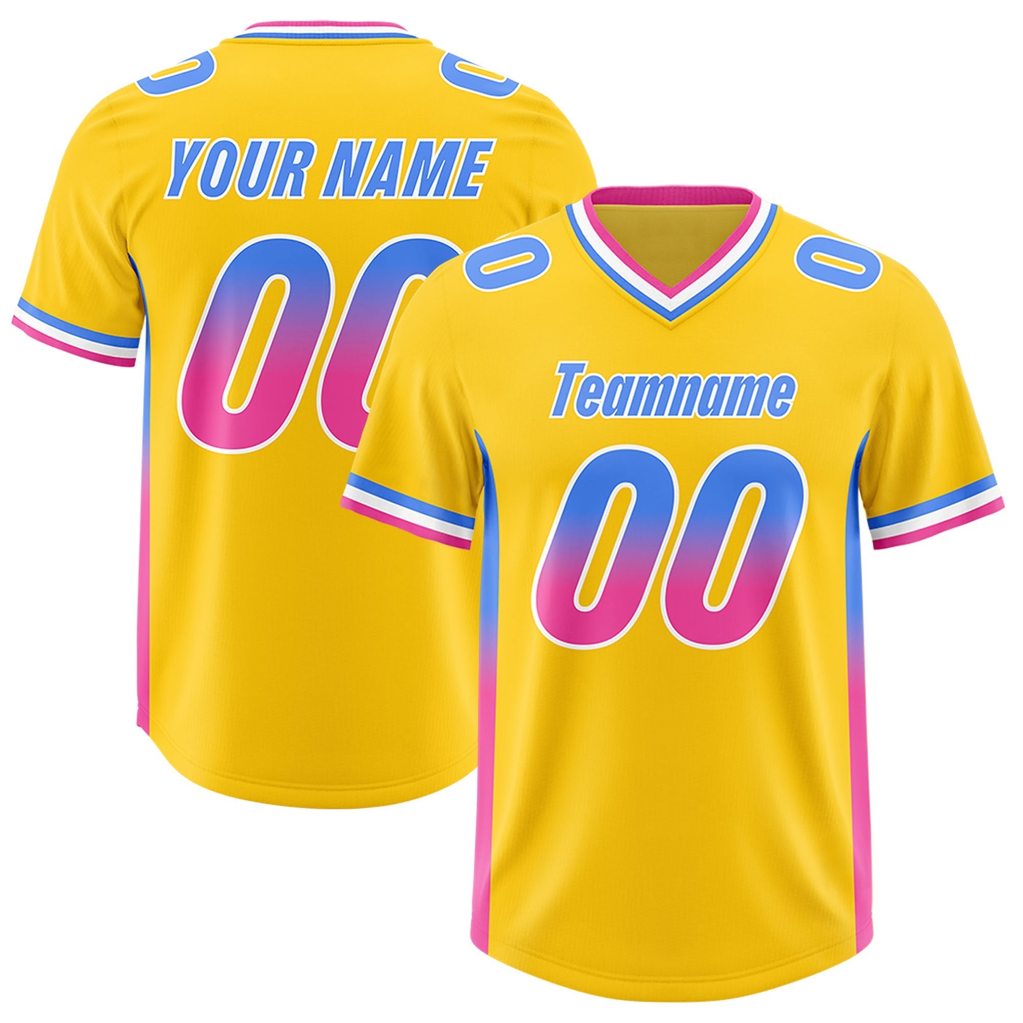 Custom Gold Powder Blue and Pink Sides Gradient Fashion Personalized Team American Football Jersey