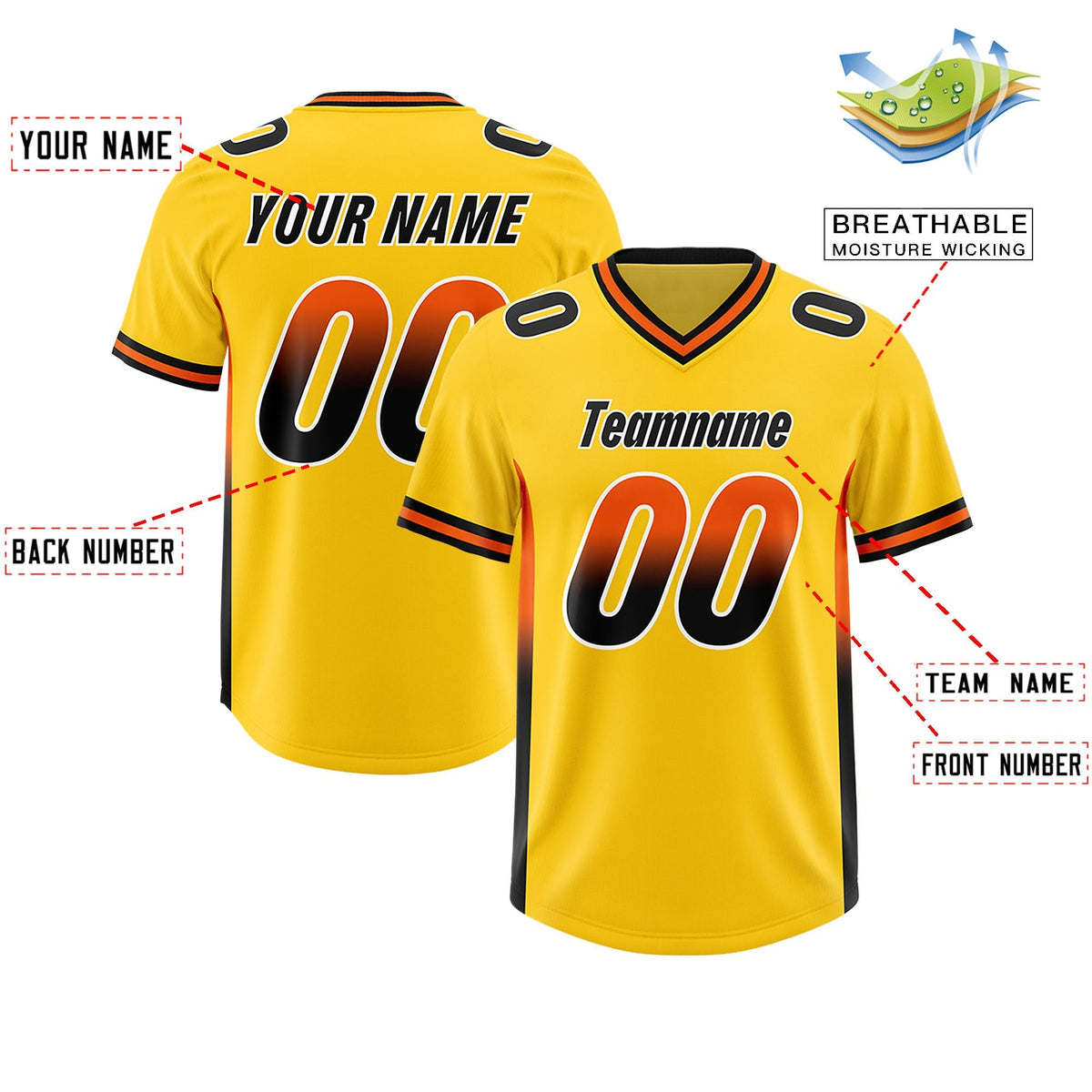 Custom Gold Orange and Black Sides Gradient Fashion Personalized Team American Football Jersey