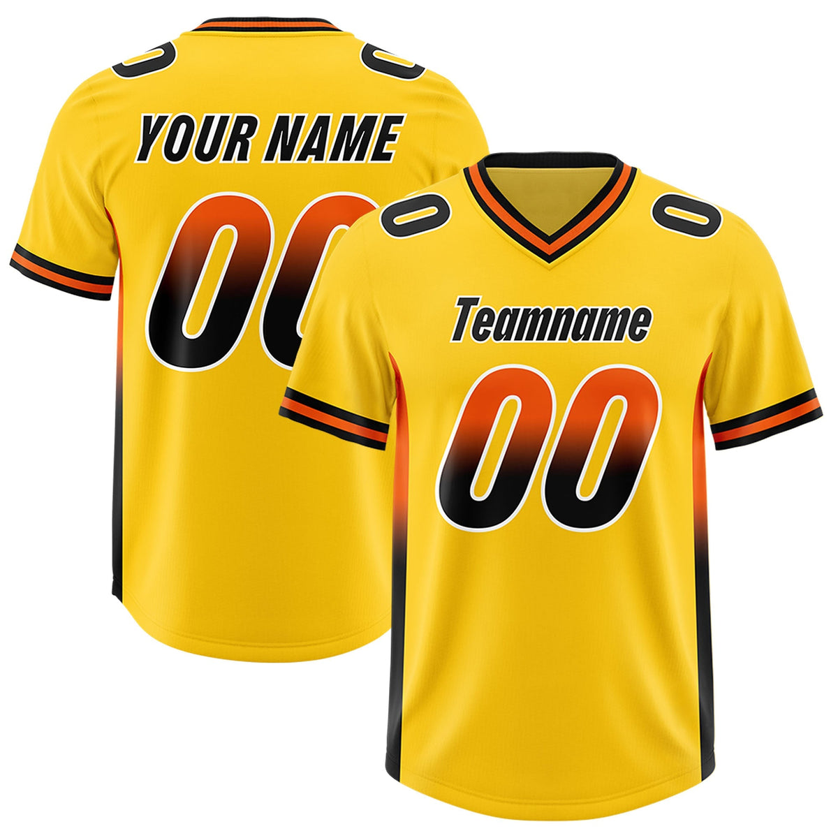 Custom Gold Orange and Black Sides Gradient Fashion Personalized Team American Football Jersey
