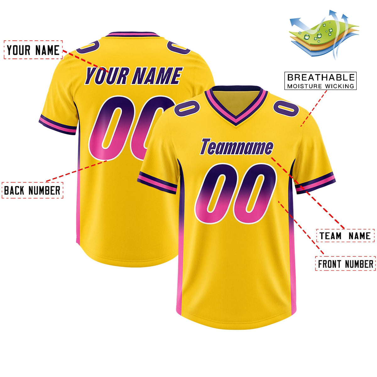 Custom Gold Purple and Pink Sides Gradient Fashion Personalized Team American Football Jersey