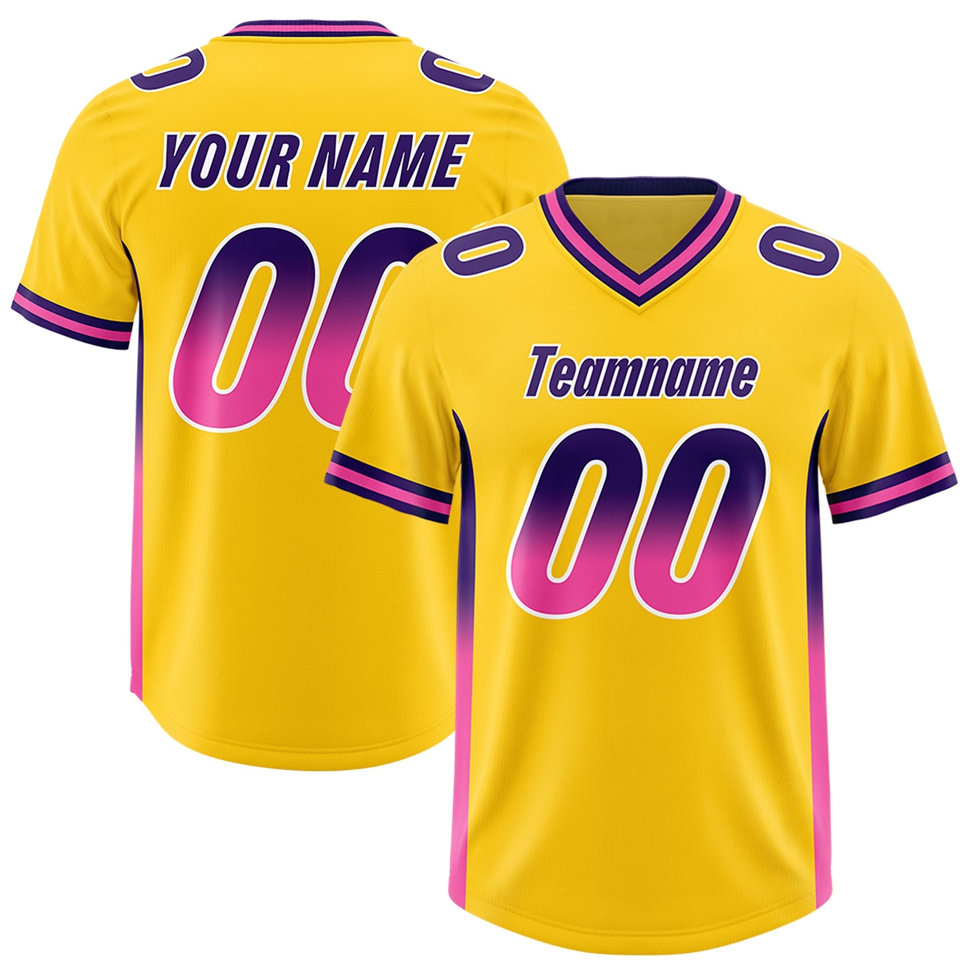 Custom Gold Purple and Pink Sides Gradient Fashion Personalized Team American Football Jersey