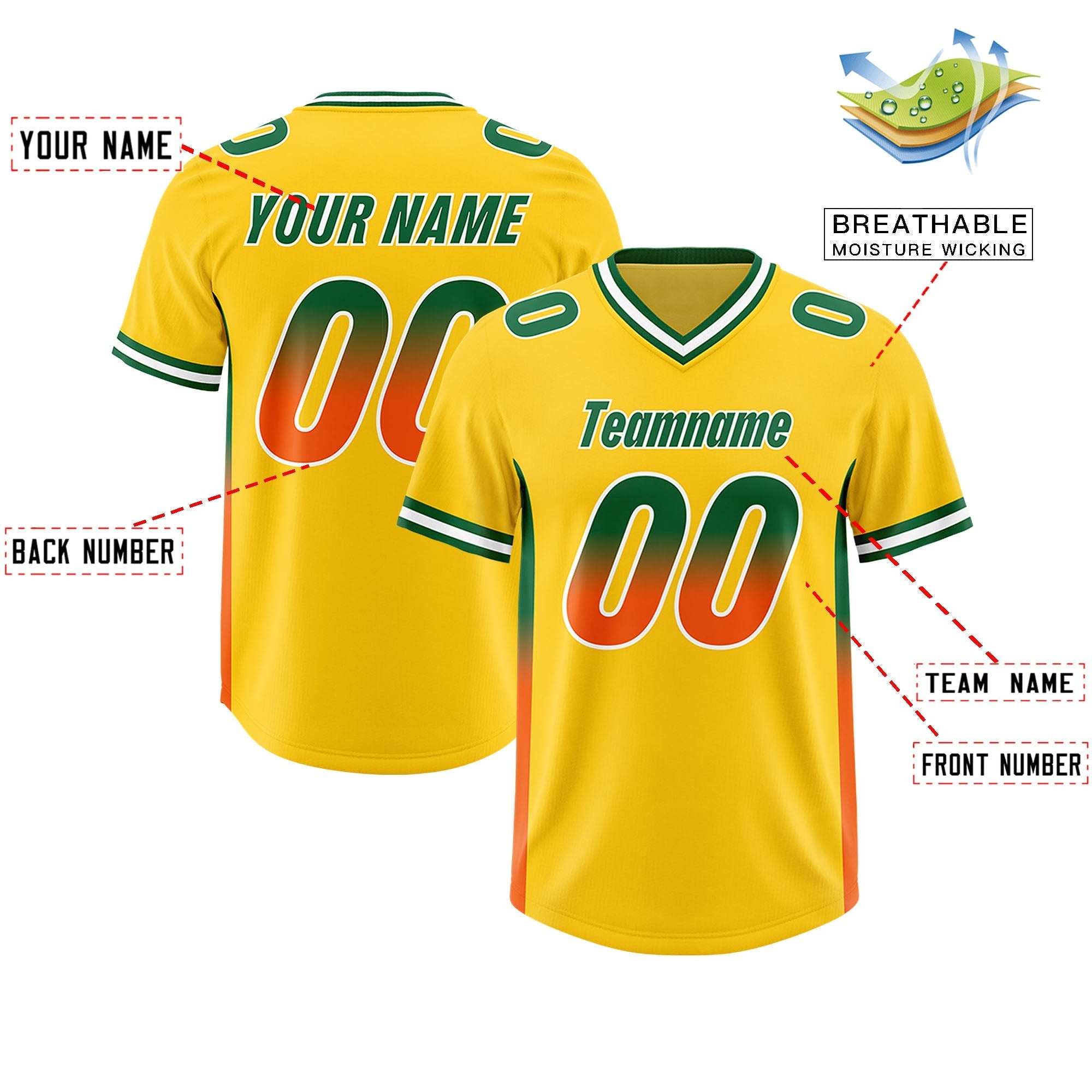 Custom Gold Kelly Green and Orange Sides Gradient Fashion Personalized Team American Football Jersey