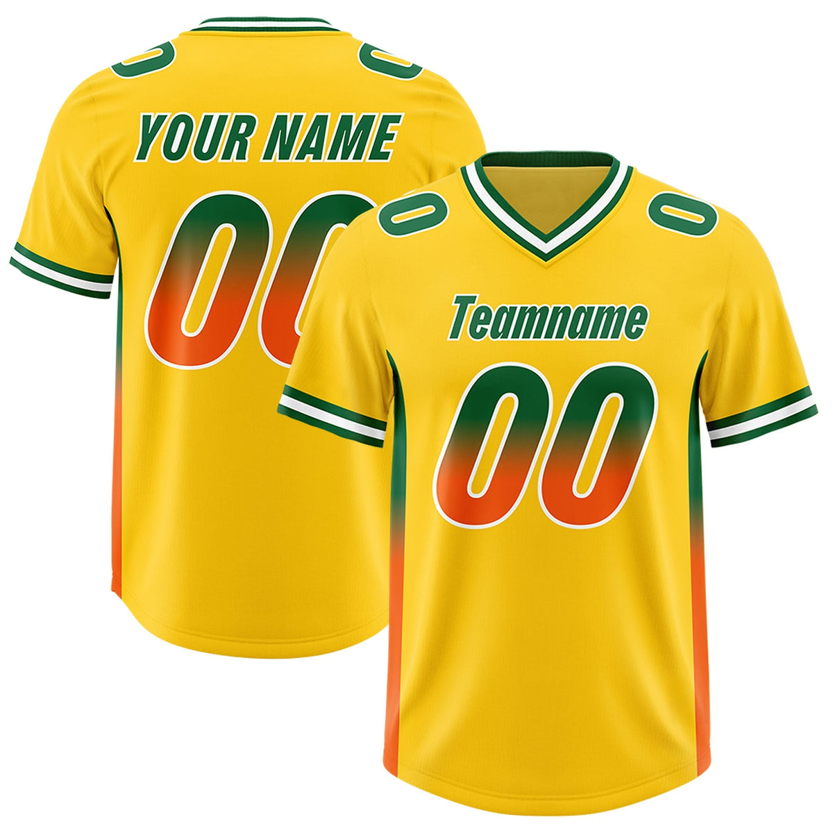 Custom Gold Kelly Green and Orange Sides Gradient Fashion Personalized Team American Football Jersey