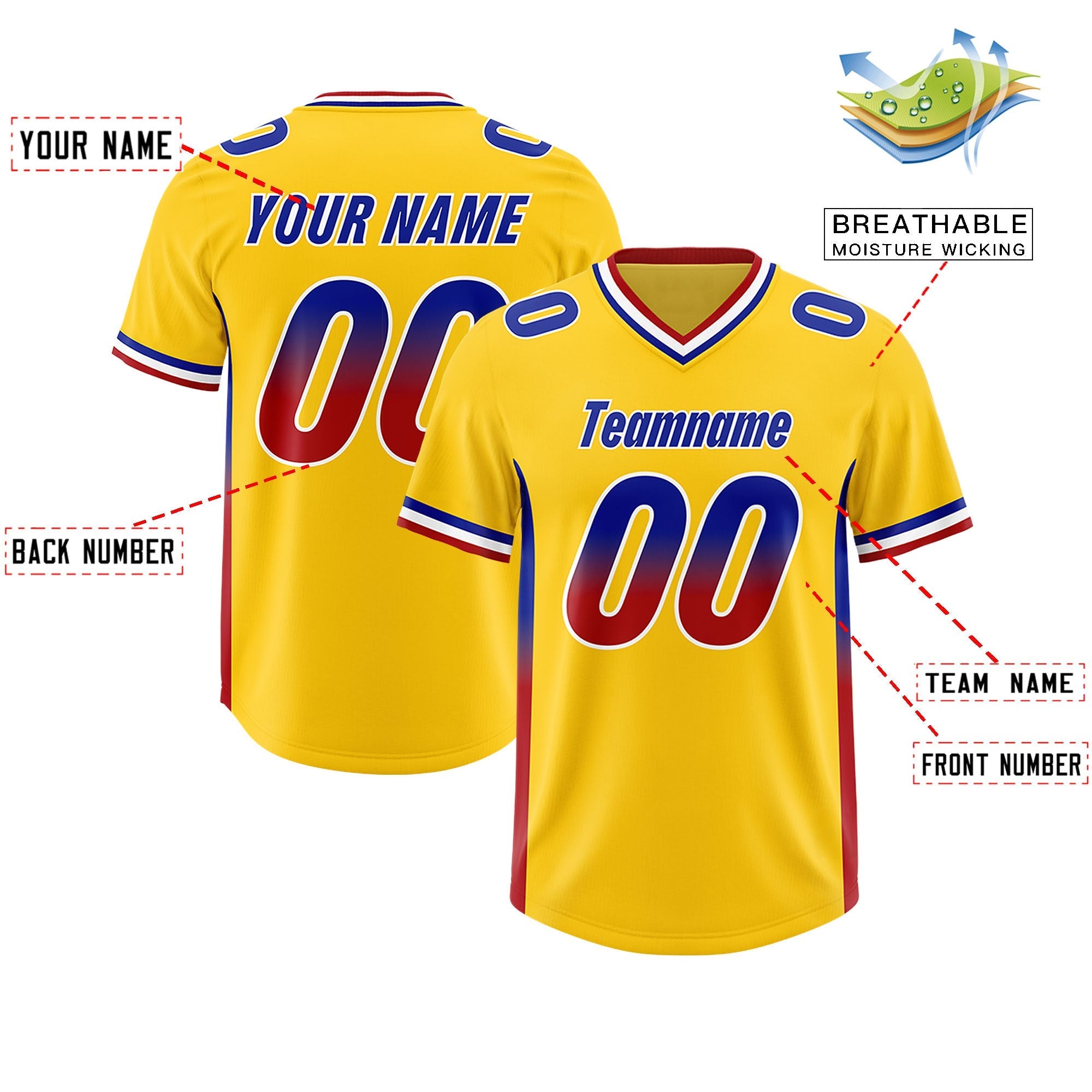 Custom Gold Royal and Red Sides Gradient Fashion Personalized Team American Football Jersey