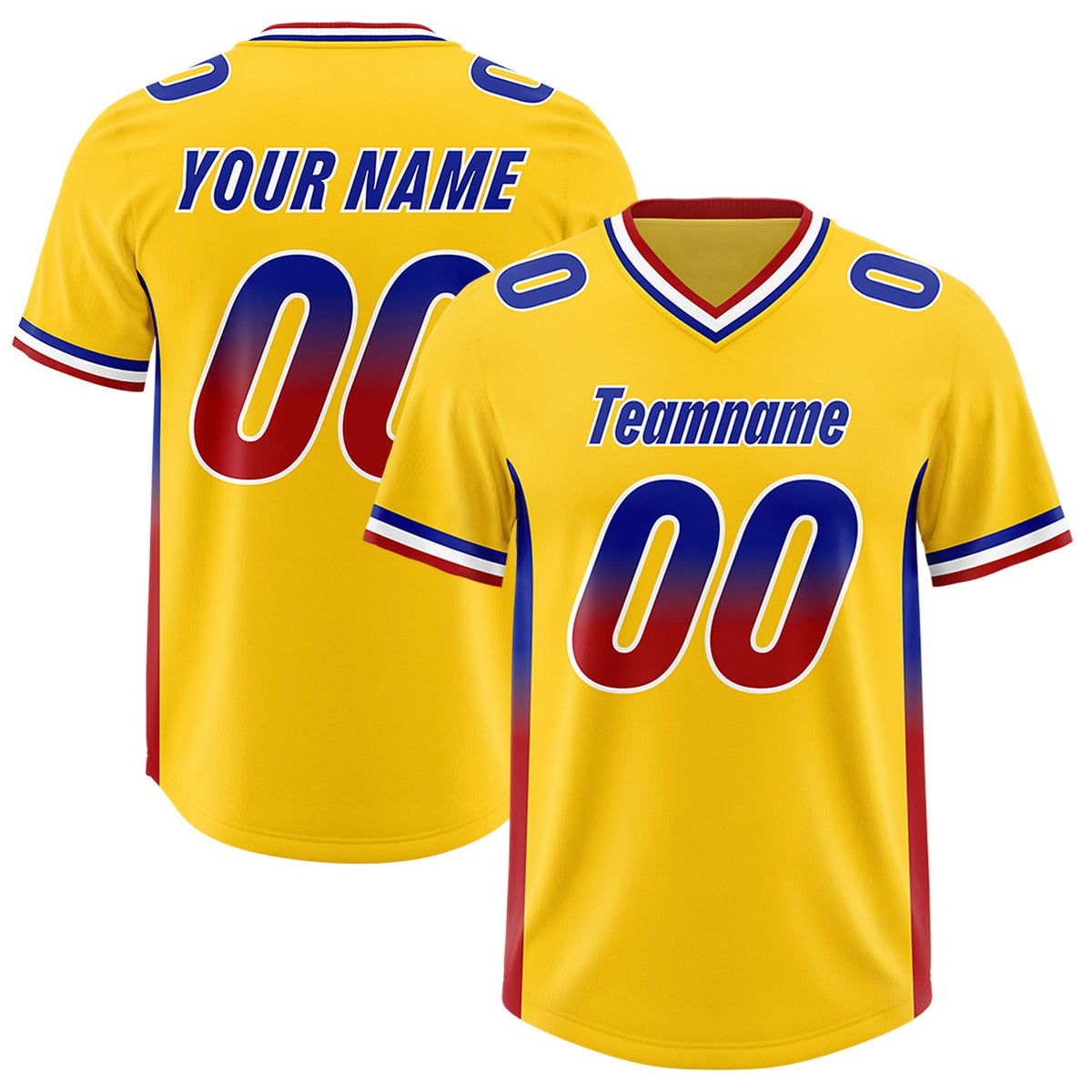 Custom Gold Royal and Red Sides Gradient Fashion Personalized Team American Football Jersey