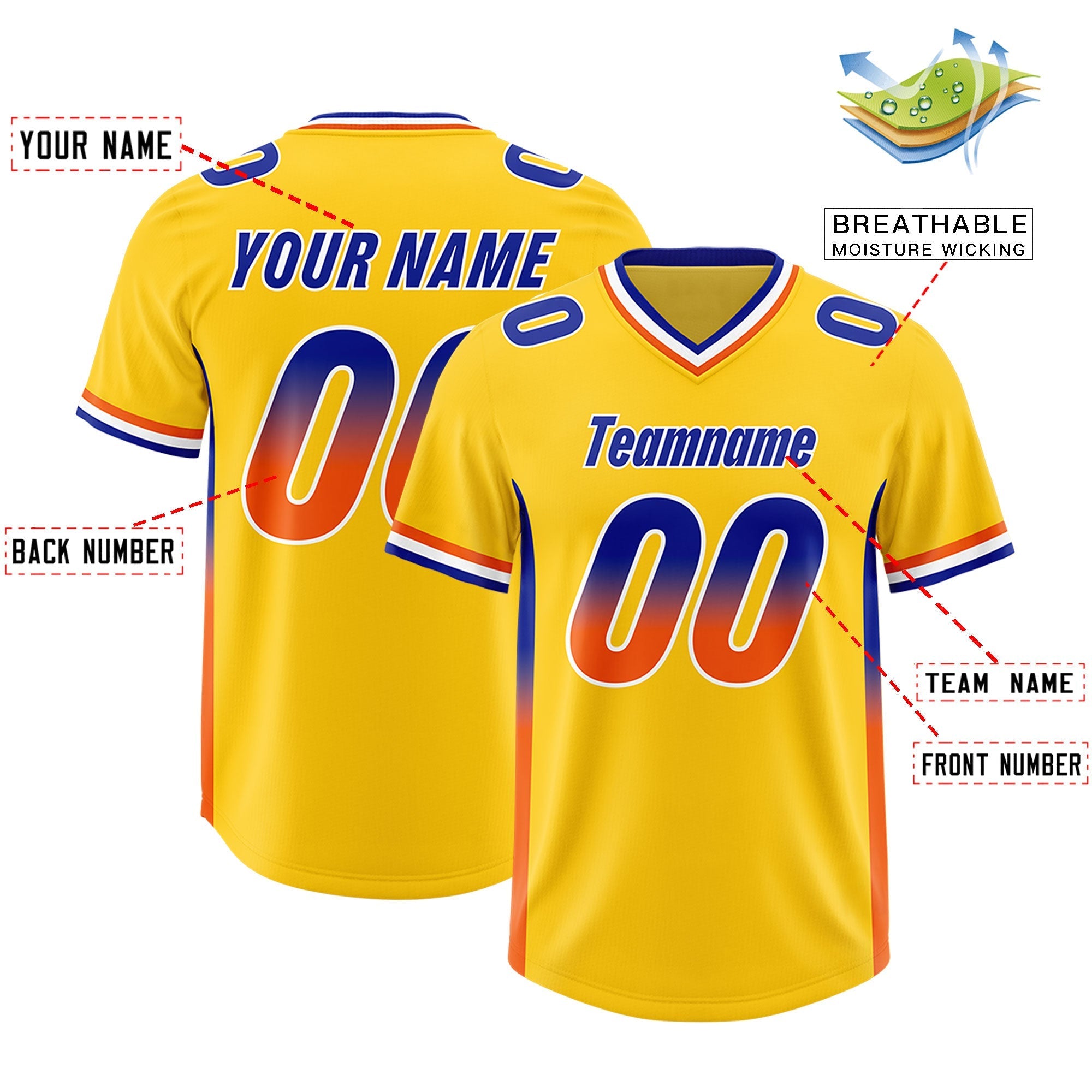Custom Gold Royal and Orange Sides Gradient Fashion Personalized Team American Football Jersey