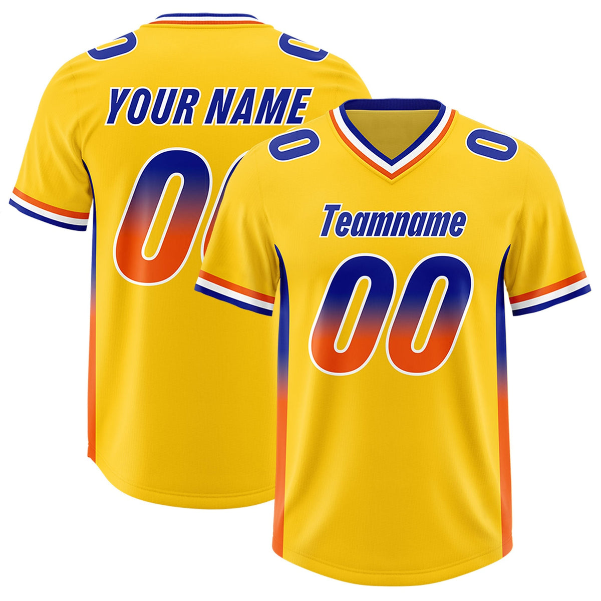 Custom Gold Royal and Orange Sides Gradient Fashion Personalized Team American Football Jersey