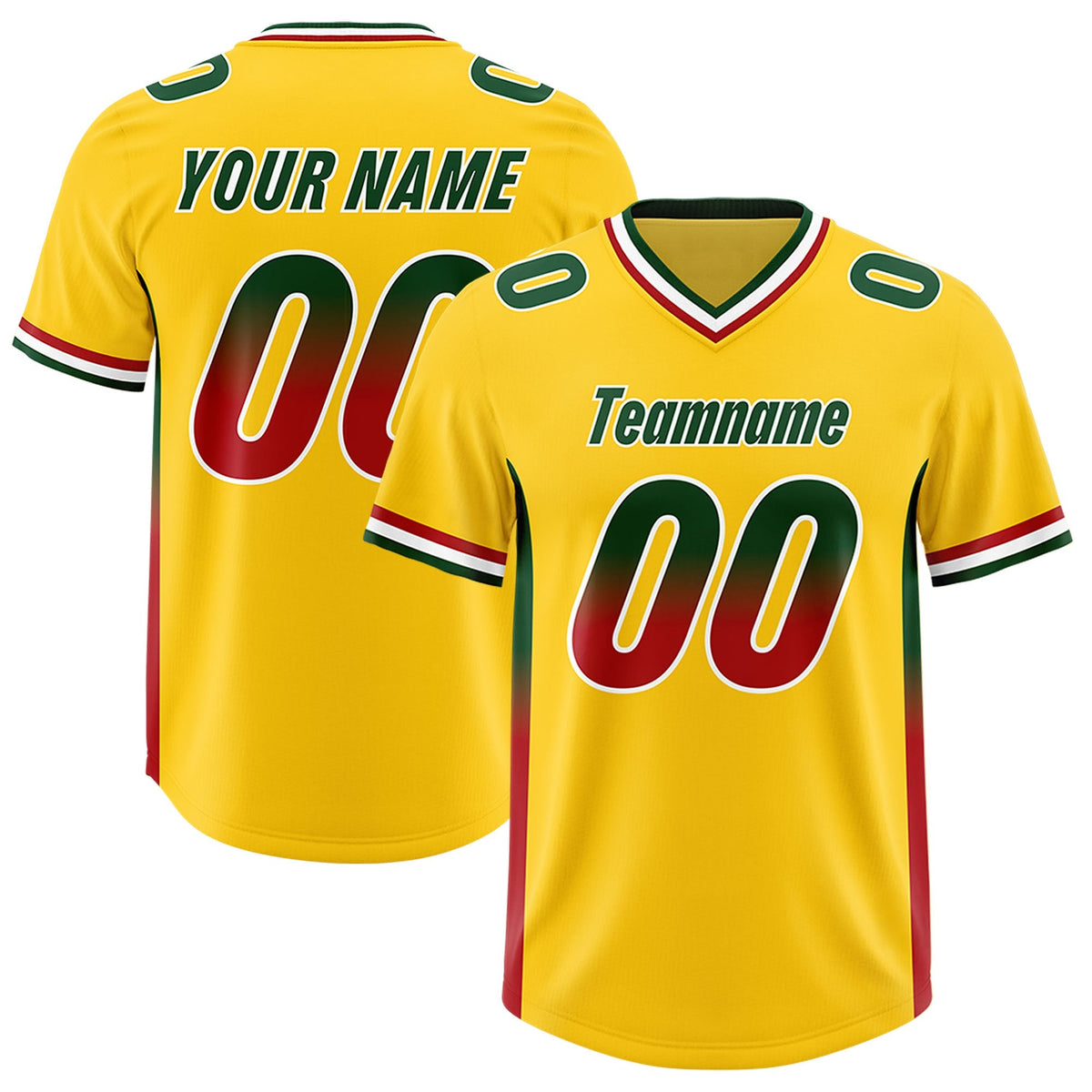Custom Gold Green and Red Sides Gradient Fashion Personalized Team American Football Jersey