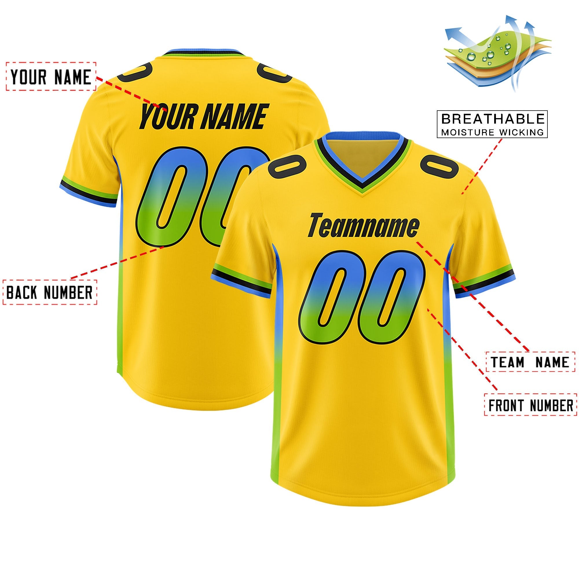 Custom Gold Powder Blue and Neon Green Sides Gradient Fashion Personalized Team American Football Jersey