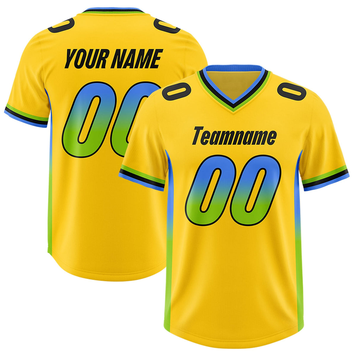 Custom Gold Powder Blue and Neon Green Sides Gradient Fashion Personalized Team American Football Jersey