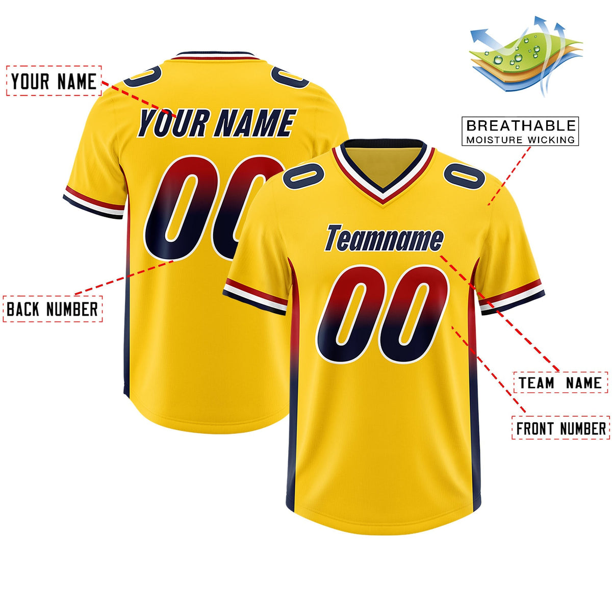 Custom Gold Red and Navy Sides Gradient Fashion Personalized Team American Football Jersey
