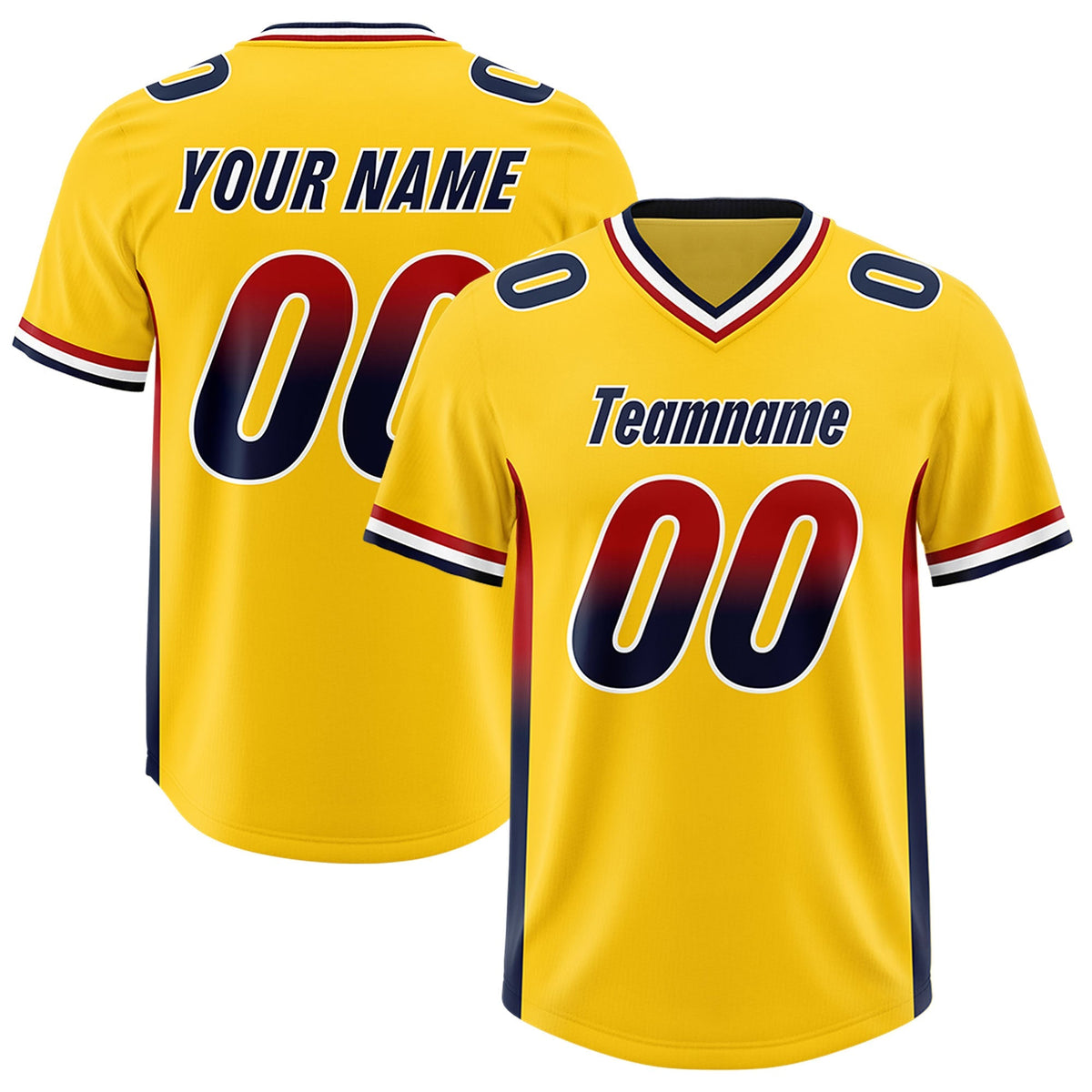 Custom Gold Red and Navy Sides Gradient Fashion Personalized Team American Football Jersey