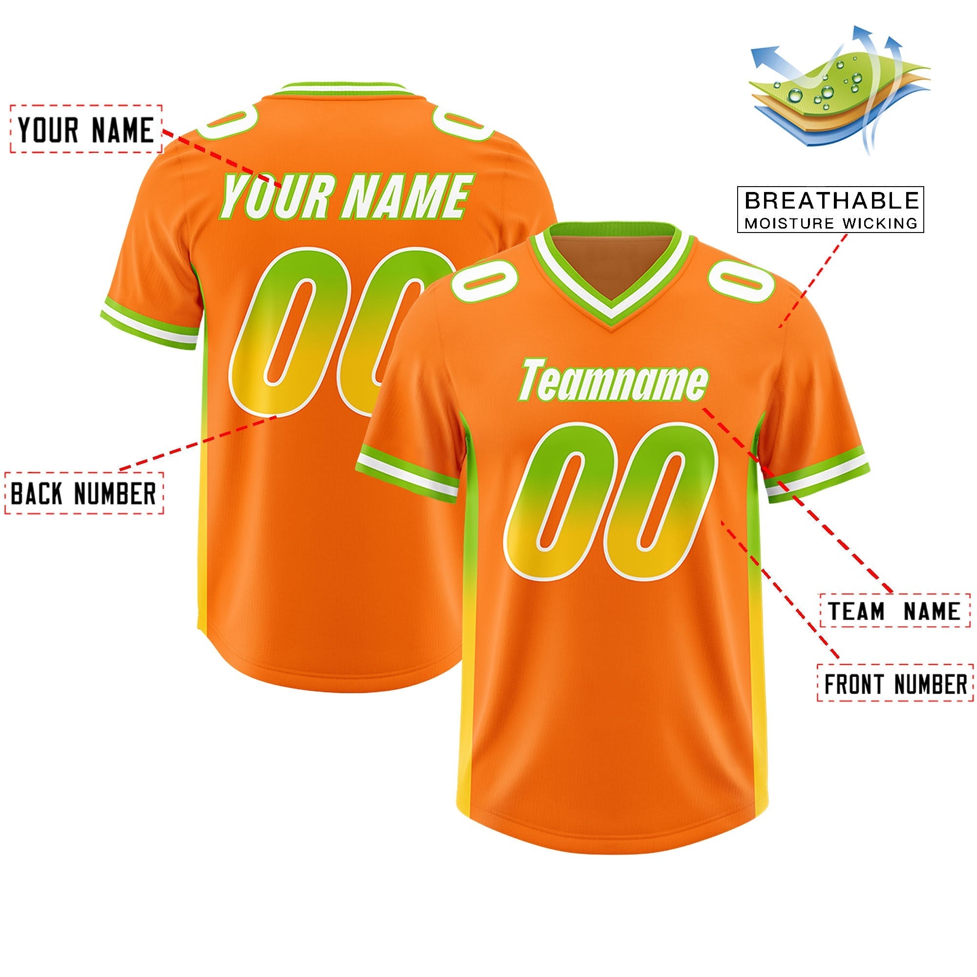 Custom Orange Neon Green and Gold Sides Gradient Fashion Personalized Team American Football Jersey