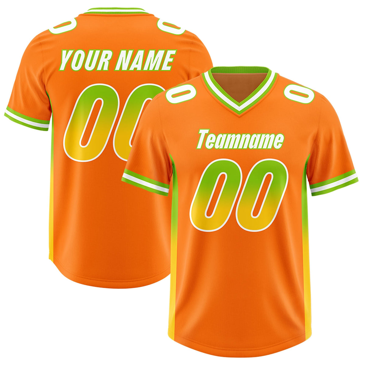 Custom Orange Neon Green and Gold Sides Gradient Fashion Personalized Team American Football Jersey