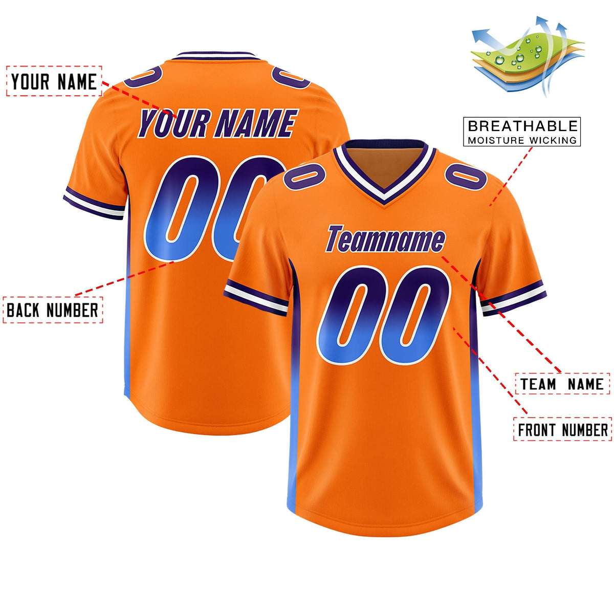 Custom Orange Purple and Powder Blue Sides Gradient Fashion Personalized Team American Football Jersey